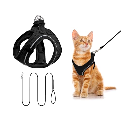 Qianruida Harnais pour Chat avec Laisse, Harnais Doux pour Chaton, Laisse pour Chat avec Bandes Réfléchissantes, Confortable, Respirant, Facile à Enfiler, Les Activités De Plein Air (Noir XXS)