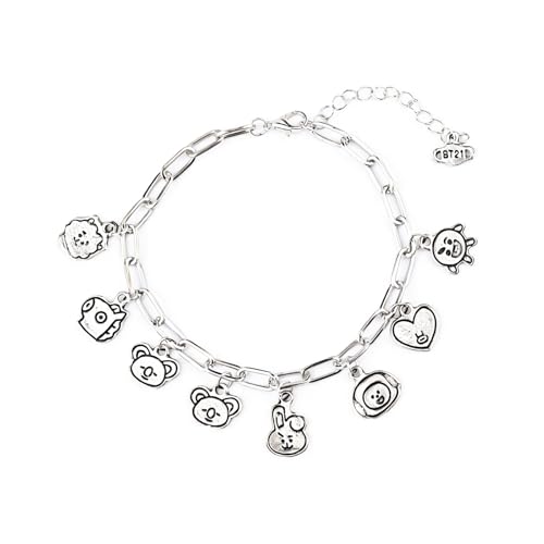 QKEOISUD Bts Bracelets Kpop Bracelets for Womens Adjustable Stainless Steel Chain Charm Bracelet with Adorable Cartoon Character Pendants Fashion Bts Jewellery Gifts for Fans