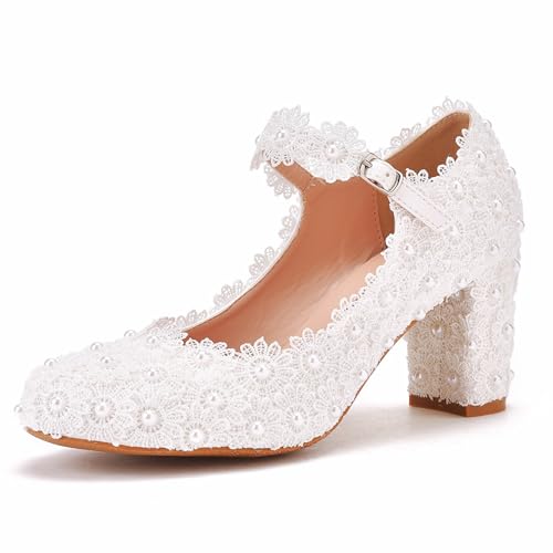 White Bridal Wedding Shoes Closed Toe Dress Pumps 2.75 Inch Chunky Heels Round Toe with Lace Flower Crystal Pearl Stitching Wedding Shoes
