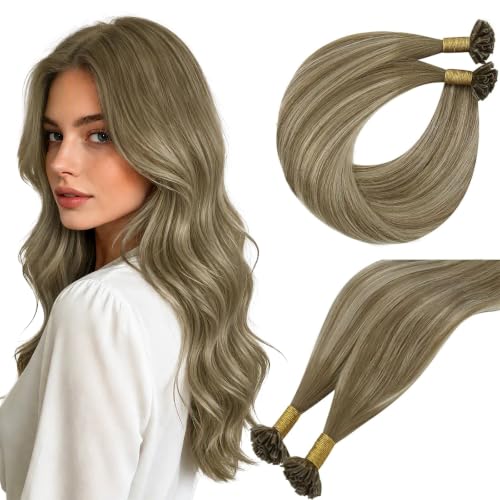 Easyouth Ombre U Tip Hair Extensions Human Hair, 16 Inch Ombre Invisible Utips Hair Extension, 50G 50S, Medium Brown Fading to Platinum Blonde Mix Brown, Keratin Tip Hair Extensions, for Wedding Day
