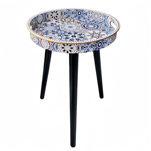 Zosenley Small Round Side Table - 13\" Blue Boho Geometric End Table with Vintage Pattern Tray - Unique Artistic Accent Nightstand with Moisture-Resistant Wrapped Legs for Living Room Bedroom