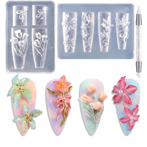 Bafutayawa Set de moules en silicone pour nail art en gel 3D pour design d'ongles, kit ongles Tulipes & Lys accessoire DIY, alternative aux pochoirs de...