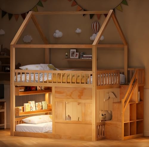 Image of Bellemave Bunk beds Full Over Full with Storage Stairs,Two Placement Methods,House bunk Bed, Pink