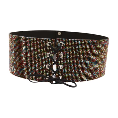 Trendy Fashion Jewelry Women Wide Black Faux Leather High Waist Corset Belt Multicolor Rhinestones Size M z3012