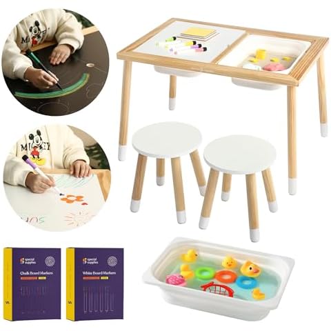 Special Supplies Kid’s Sensory Table Set with Deep Water and Sand Bins, Writable Lids, Chalk and Dry Erase Markers for Active, Hands-On Learning, Fun Play, Arts and Crafts - Pine Wood Cover