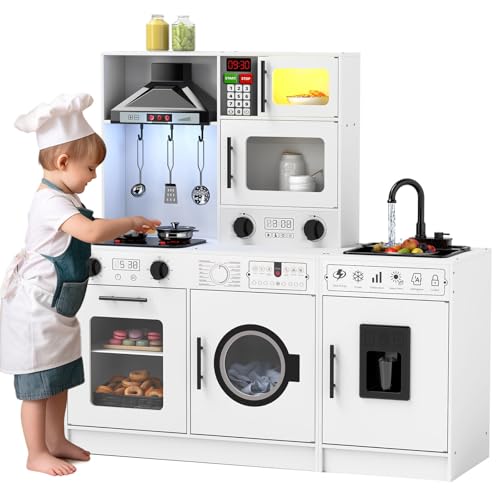 JOYLDIAS Play Kitchen, Wooden Kids Play Kitchen Playset Chef Pretend Play Set for Toddlers w/Sound and Light, Running Water, Oven, Washing Machine and Cookware Accessories for Age 3+ Toddlers