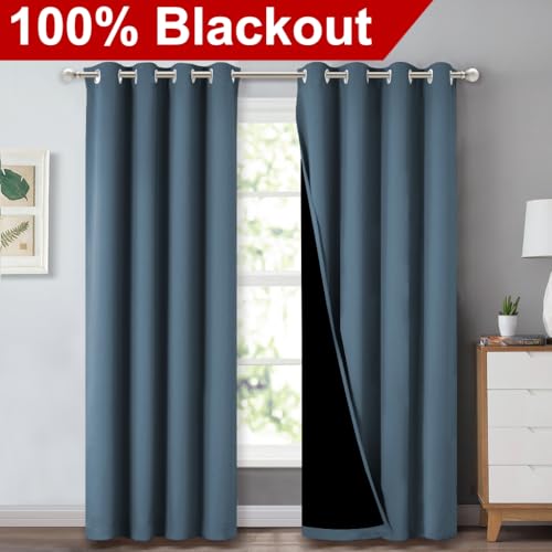 Image of NICETOWN 100% Blackout Curtains 84 inches Long, Smoky Blue, 52 inches Wide, Pair of Energy Smart & Noise Blocking Out Drapes for Baby Room Window, Thermal Insulated Guest Room Lined Window Dressing