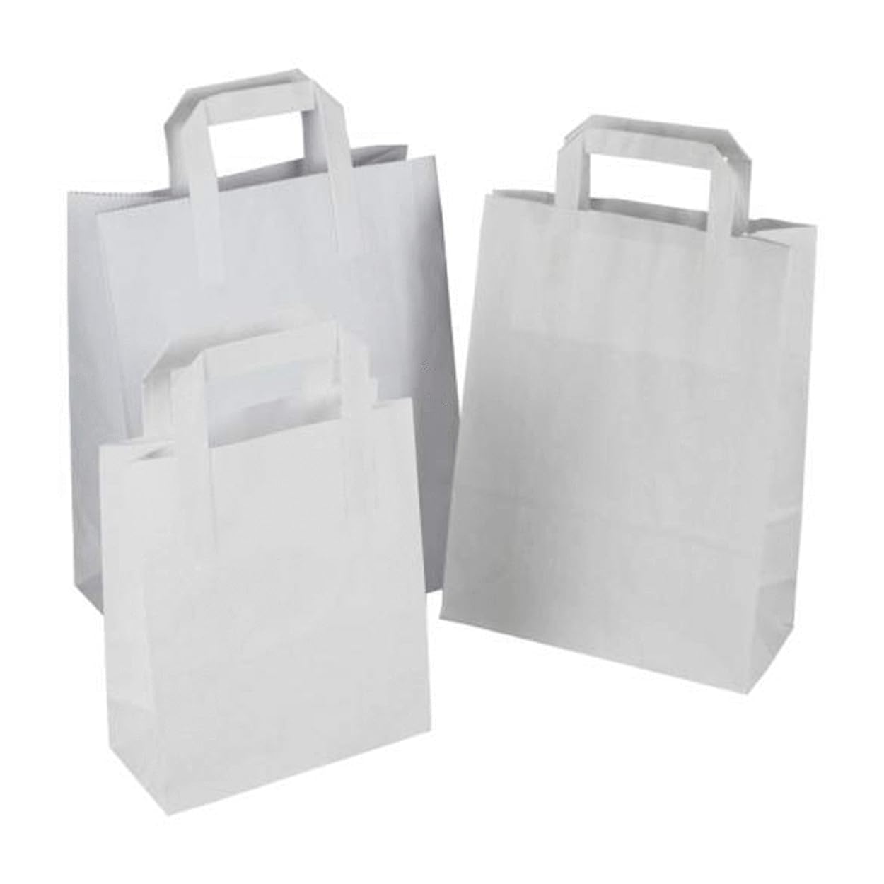 HOT BARGAINS White Paper Bags with Flat Handle, 100 Pack: 50 Large (26x14x29cm) & 50 Small (19x8x25cm), 100% Recyclable SOS Takeaway Carrier for Shopping and Gifts