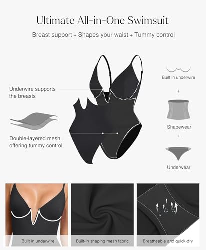 Image of Popilush One Piece Swimsuits for Women Tummy Control Deep V Neck Underwire Shapewear Swimsuit Summer Bathing Suits