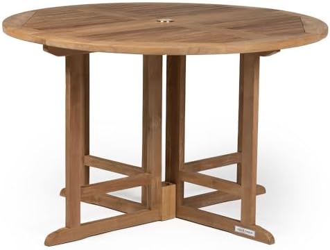 TITAN GREAT OUTDOORS Grade A Teak 47" Foldable Round Dining Table, Drop Leaf Design, Indoor Outdoor Patio or Porch Dining, Weather Resistant Solid Wood with Umbrella Hole