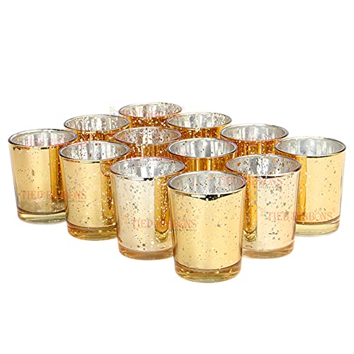 Image of TIED RIBBONS Pack of 12 Glass Tealight Candle Holders Glass Votives - Diwali Decorations Items for Home Decor Dining Table Gifts (Big Size, Golden)