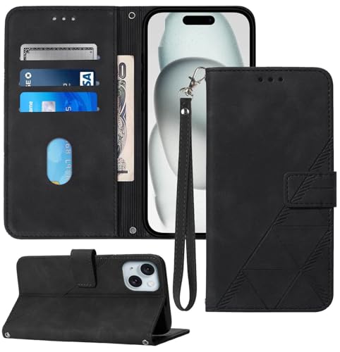 Moment Dextrad for iPhone 15 Wallet Case,Card Holder Slots Wrist Strap TPU Interior Protective for iPhone 15 Cases,Stand PU Leather Folio Flip Cases Cover for iPhone 15 (2023) (Black)