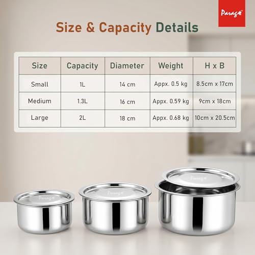 Image of Parage 3 Pieces Tri-Bond Stainless Steel Tope Set with Lid, 1 L, 1.3 L & 2 Liter, Triply Bottom Patila, Bhagona /Bhigona Set for Gas & Induction Compatible, Boiling Cooking Pots (Size No. 11, 12 & 13)