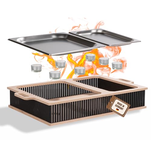 INEXTERIOR – Hotty BBQ Warmhalteplatte L - Warmhaltebehälter für Speisen - Grillgut Stövchen mit tollem Holzdesign – Speisenwärmer Warmhaltebehälter mit Teelichtern für Grillparty