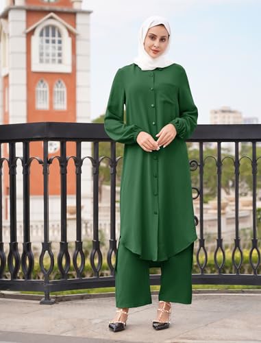 Image of IDOPIP Abaya Dress for Women Muslim Set Long Sleeve Chiffon Islamic Dress Shirt with Pants 2PCS Dubai Prayer Casual Clothes