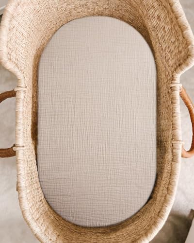 Image of Bassinet Sheet for Baby Boy Girl 2 Pack, Fitted Sheets for Rectangle, Oval, Hourglass Bassinet Mattress, Muslin Moses Basket Sheets (Beige & Sage, Bassinet Sheet)