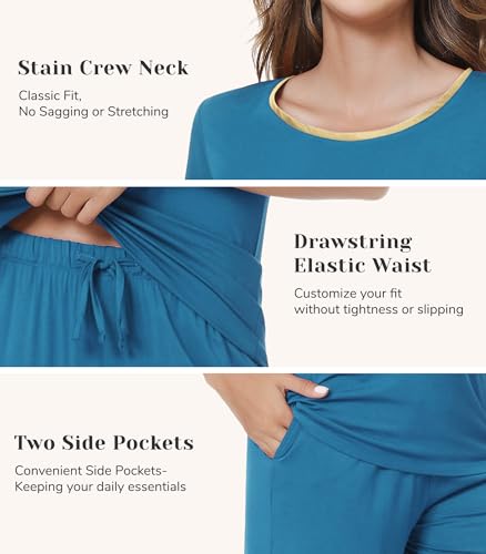 Image of NACHILA Pajamas for Women-Viscose Made from Bamboo,Satin Crew Neck Pajama Sets Short Sleeve Pjs with Capri Pants