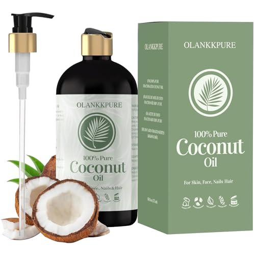 Aceite de coco orgánico de Olanlife 475 ml, aceite de coco fraccionado, aceite prensado en frío, de alta calidad, 100% puro, para el cabello, la cara y el cuerpo, aplicaciones versátiles
