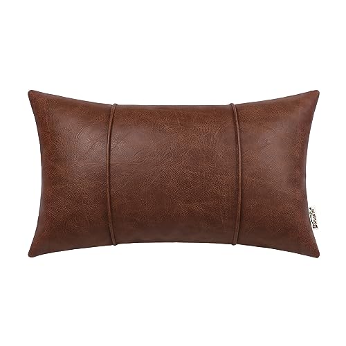 BRAWARM Dark Brown Leather Throw Pillow Covers 12 X 20 Inches - Faux Leather Lumbar Pillow Cover with Piping Hand Stitched Leather Throw Pillow for Couch Sofa Bed Living Room Home Decorative