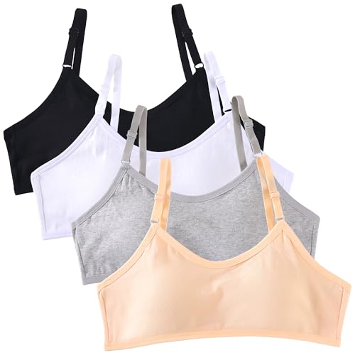 Baogaier 4-pack tonåring, flickor, bh, bomull, andas, sport, träning, underkläder med fast, vadderad och justerbar axelrem, bralette, topp, bustier för 10–16 år, barn, tweens, Stil A, En Storlek