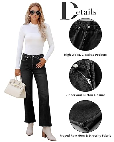 Image of GRAPENT Straight Leg Jeans for Women High Waisted Stretchy Frayed Raw Hem Loose Denim Pants Casual Baggy Jean Trousers