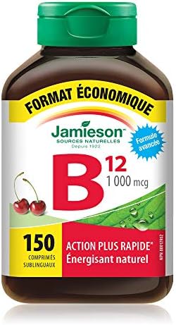 Jamieson Vitamin B12 Methylcobalamin 1,000 mcg, Fast Dissolving, Faster Acting, Naturally Energizing, and Supports Metabolism. Vegetarian, Gluten-Free, Natural Wild Cherry Flavour, 150 Sublingual Tablets, Proudly Canadian