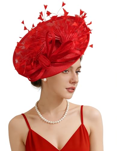 Unpifolov Fascinators Hats Elegant Women Flower Mesh Feathers Headband Wedding Cocktail Bride Party Wide Brim Headwear for Derby Hat Tea Party M28 Red