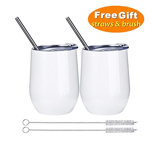 2 Pack 12 oz Wine Tumbler with Lids, Double Wall Vacuum Insulated Stainless