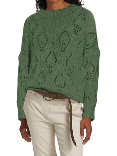 Image of Allimy Women's 2025 Elegant Crewneck Crochet Cable Knit Sweaters for Women Openwork Fall Outfits