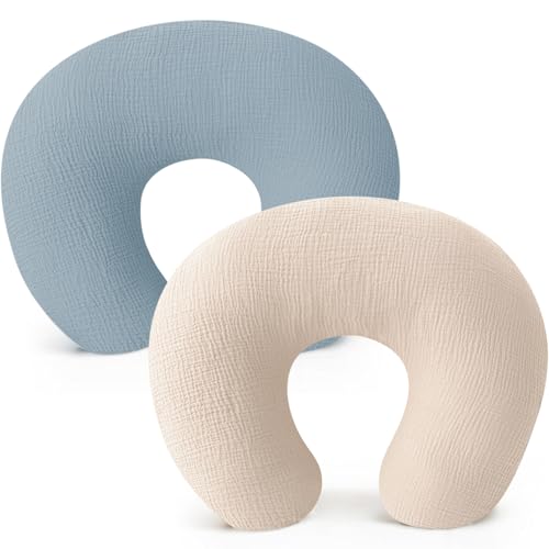 Image of Konssy Muslin Nursing Pillow Covers, Soft and Cute Nursing Covers for Breastfeeding Pillows, Ideal for Newborn Baby Boys and Girls (Blue, Cream) - 2 Pack