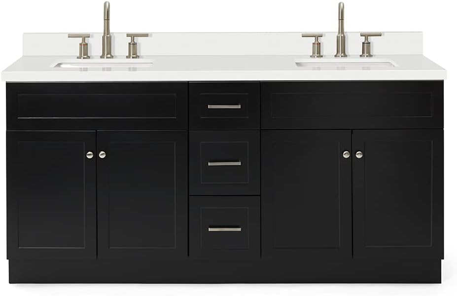 DKB Bradford Series 73" Inch Double Rectangle Sink Bathroom Vanity Cabinet in Black, Pure White Quartz Countertop, 4 Soft Closing Doors, 3 Full Extension Dovetail Drawers, No Mirror