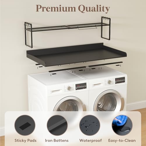 Image of Lifewit Washer Dryer Countertop with Adjustable Shelf,Black,54''x 27.5'' | Adjustable shelf, melamine top cover, edge rails and towel rack support up to 200 lb for laundry room storage