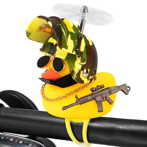 wonuu Bike Bell Squeeze Rubber Duck with Helmet for Cycling Car Dashboard Decorations Ducks Motorcycle Bicycle Accessories, Silver-Camouflage Green