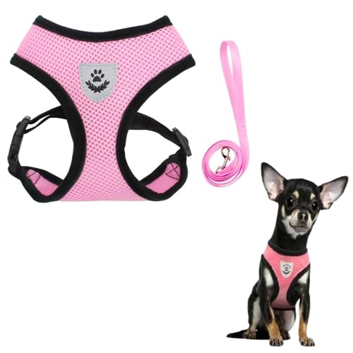 Coleira peitoral para cachorro e gatos colete refletivo com guia pets pequenos coelhos (Peitoral Ros