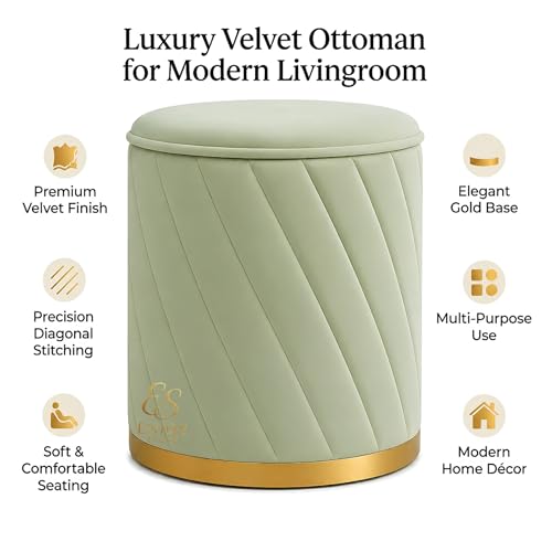 Image of Luxury Round Velvet Ottoman Stool with Gold Base - Modern Upholstered Footrest Pouffe, Tufted Vanity Seat, Living Room Bedroom Dressing Stool (Pista Green)