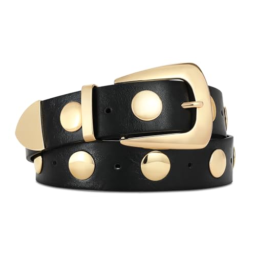 Women Black Belt with Gold Buckle Fashion Leather Belt Women Punk Waist Belt Studded Belt for Jeans Dress
