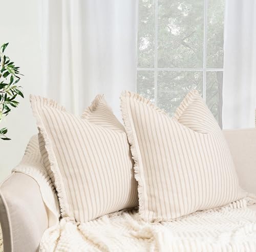 Image of ZWJD Throw Pillow Covers 24x24 Set of 2 Striped Pillow Covers with Fringe Chic Cotton Decorative Pillows Square Cushion Covers for Sofa Couch Bed Living Room Farmhouse Decor, (Khaki)
