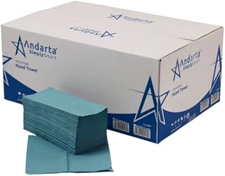 Andarta 1 Ply Blue V/Fold Hand Towel ( Box of 5000 ). Strong, Soft and Absorbent. 100% Recycled Materials. Highly Absorbent and Durable Therefore Ideal for Toilet, Kitchen, Bathroom & Dispensers.