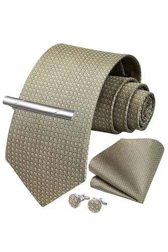 Image of HISDERN Plaid Ties for Men Classic Checkered Tie and Pocket Square Cufflinks Tie Clip Set Woven Men's Necktie Business