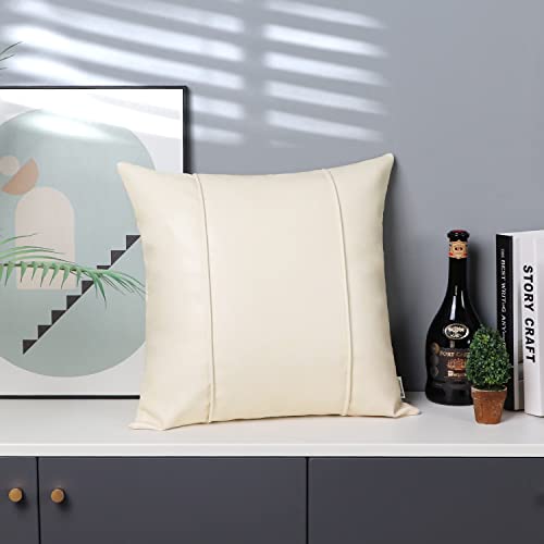 Image of BRAWARM Cream Leather Throw Pillow Covers 22 X 22 Inches - Faux Leather Pillow Cover with Piping, Hand Stitched Faux Leather Throw Pillow for Couch Sofa Bed Living Room Home Decorative