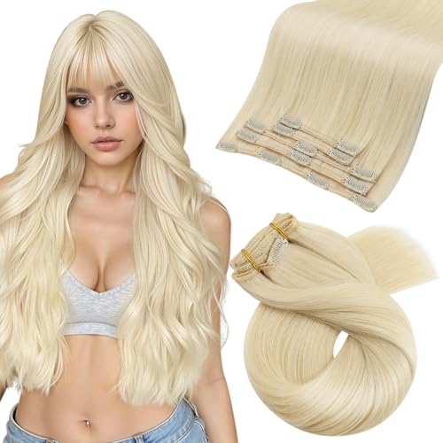 Image of Moresoo Clip in Hair Extensions Real Human Hair Double Weft Human Hair Clip in Extensions Straight Golden Platinum Blonde #60 5pcs 80g 18inch