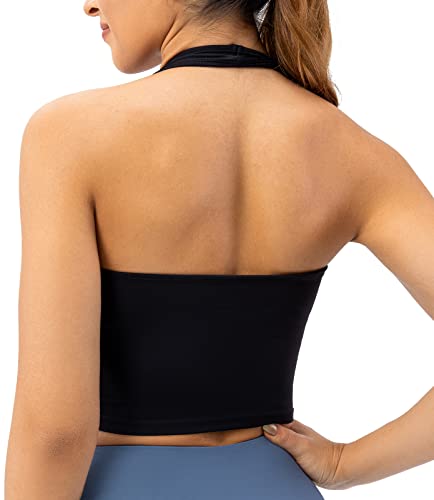 Ukaste Women's Halter Backless Sports Yoga Bra Longline Workout Crop Bras Tops (Black, 8)