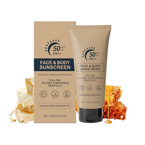 Protector Solar de Sebo SPF 50, Beef Tallow Sunscreen para Rostro y Cuerpo, Hidratante Crema Solar, Resistente al Sudor y al Agua, para Todo Tipo de Piel, 100g