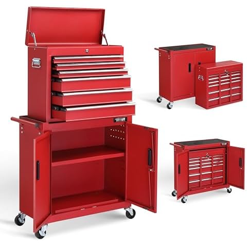 TUFFIOM Heighten 6 Drawers Rolling Tool Chest w/Lock ,Heavy Duty 3-in-1 Tool Storage Cabinet w/Wheels, Detachable Top, Tool Organizer Box for Garage, Warehouse & Repair Shop,Red 13"D x 30"W x 48.8"H Cover