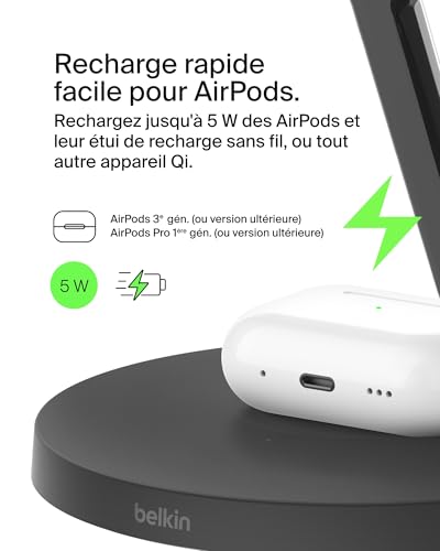 Belkin BoostCharge Station de Recharge 3-en-1 avec Qi2, Chargeur MagSafe Compatible pour Les modèles de l'iPhone 17, iPhone Air, Apple Watch, AirPods, Pixelsnap, Adaptateur Inclus - Noir