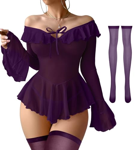 Image of Foxiny Sheer Ruffle Long Sleeve Babydoll Lingerie Dress | Off-shoulder neckline, flared cuffs and a flounce hem add movement; thong and thigh-high stockings complete the 3-piece set