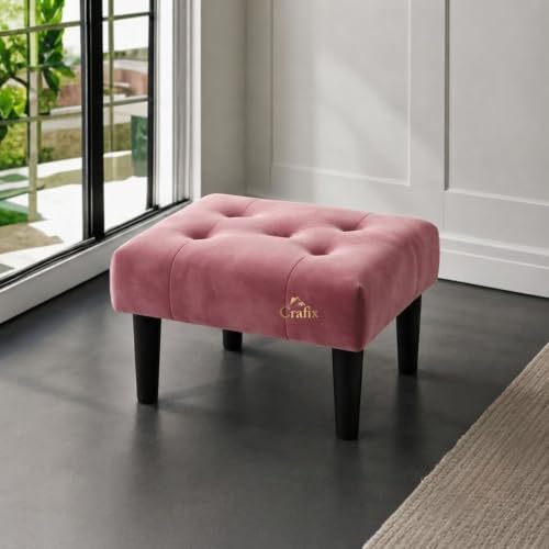 Image of Upholstered Foot Rest Ottoman Stool with Wooden Legs, Tufted Footstool for Living Room, Bedroom, Makeup Vanity, Entryway, Comfortable Footrest Bench, Modern Accent Ottoman (Pink)
