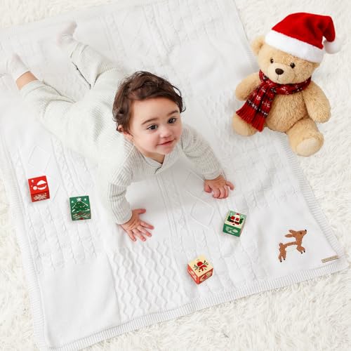 Image of Cotton Knit Baby Blanket with Plush Fleece, 31x40 Receiving Blanket for Newborn Boys & Girls, Soft Warm Stroller Blanket with Deer Embroidery, Box