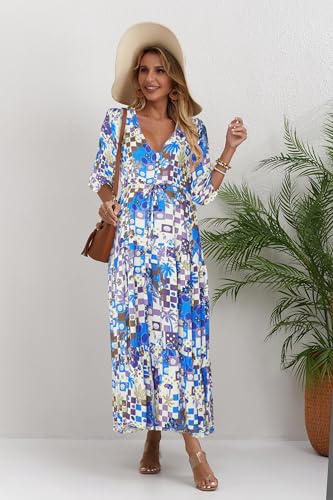 Image of Women Short Sleeve V Neck Floral Print Casual Bohemian Maxi Dresses