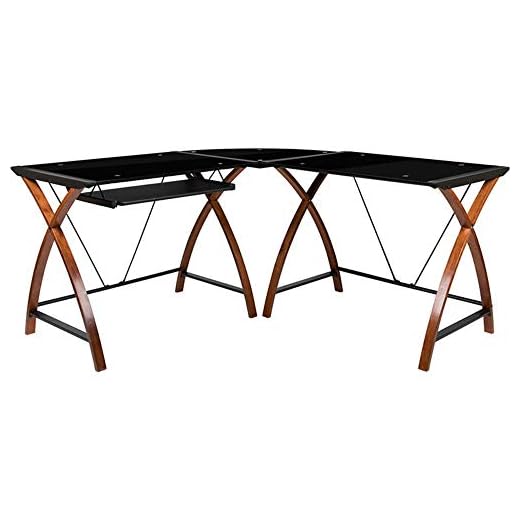Flash Furniture Black Glass L-Shape Corner Computer Desk with Pull-Out Keyboard Tray, 83.25"W x 23.5"D x 29"H